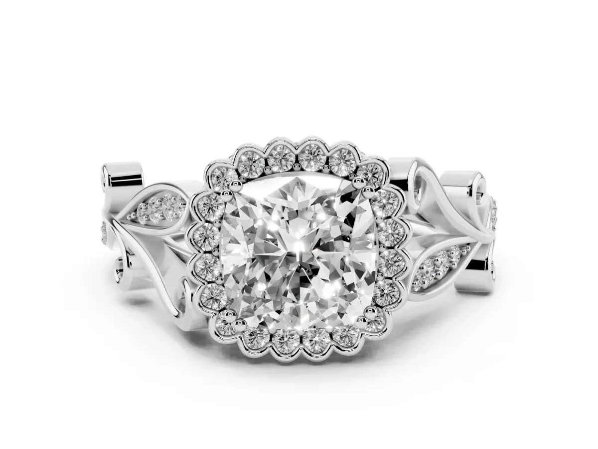 Cushion Cut Diamond Halo Ring Set in Silver with Leaf Motif Split Shank and Prong Setting