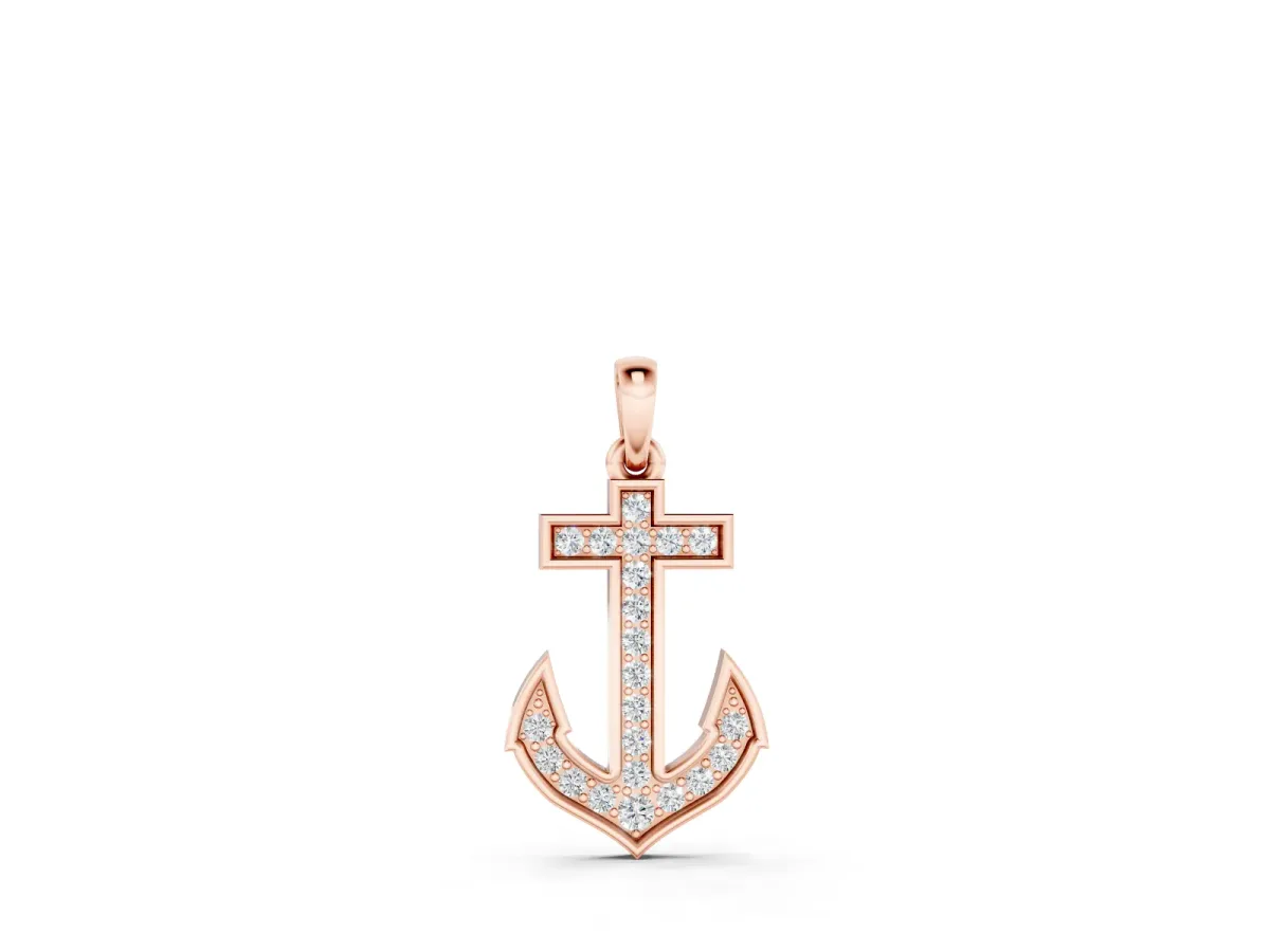 Pavé Round Diamond Anchor Pendant Set in Rose gold with Four-Prong Setting