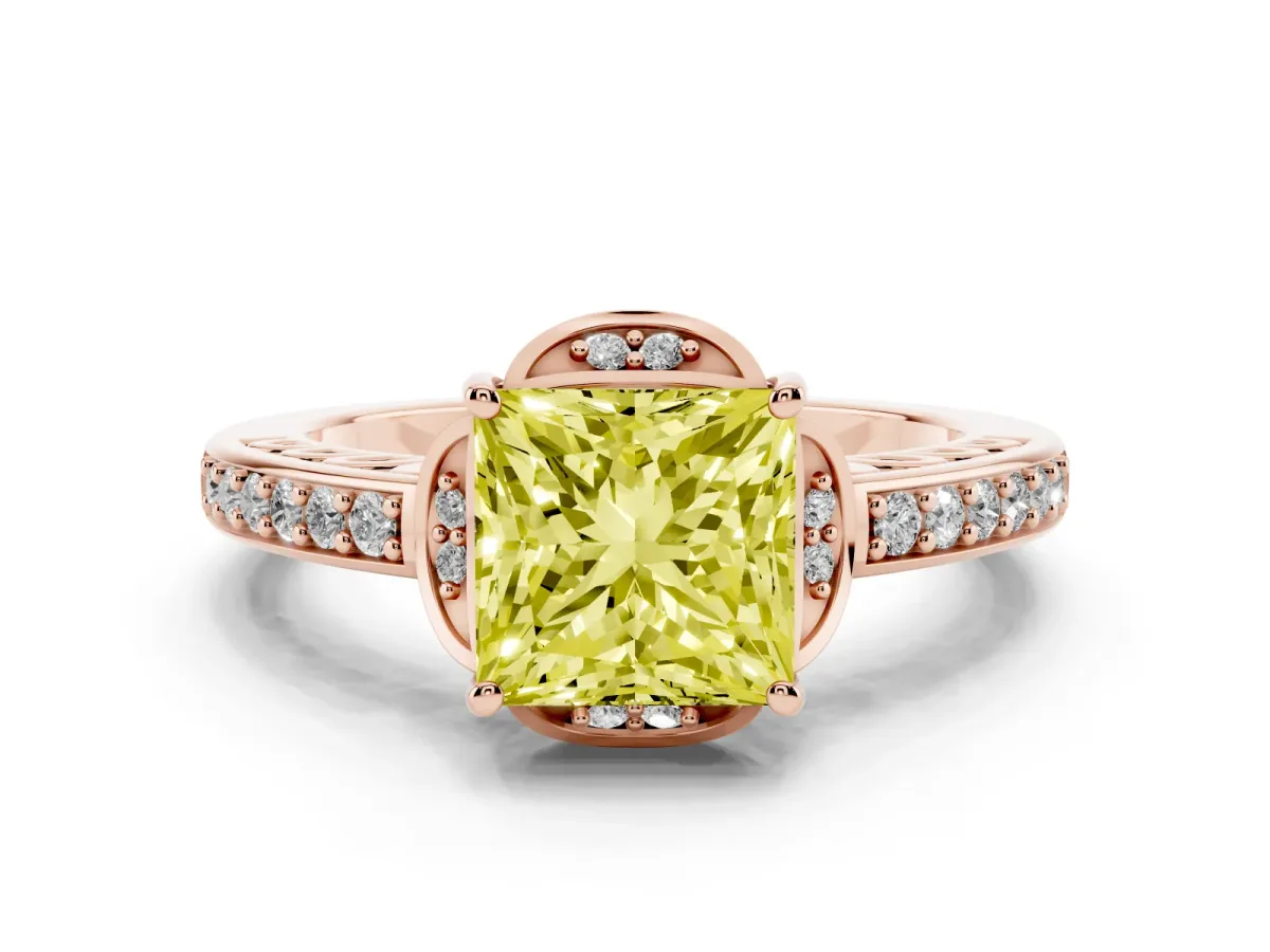 Fancy Yellow Princess Cut Diamond Halo Ring Set in Rose gold with Channel Set Band and Prong Setting