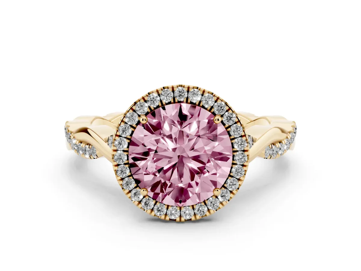 Fancy Pink Round Cut Diamond Halo Twist Band Solitaire Ring Set in Yellow gold with Prong Setting