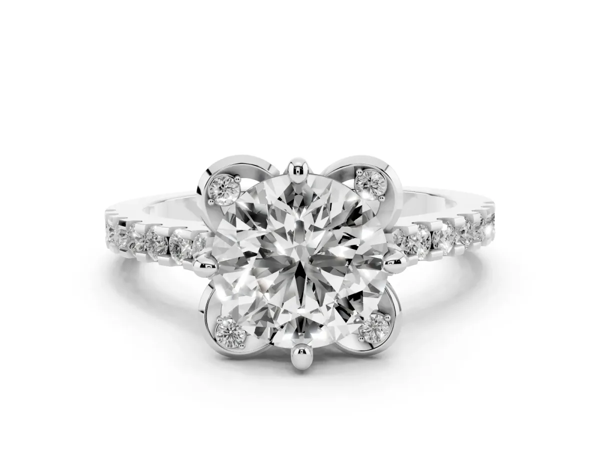 Round Cut Diamond Solitaire Ring Set in White gold with Pavé Band and Floral Prong Setting