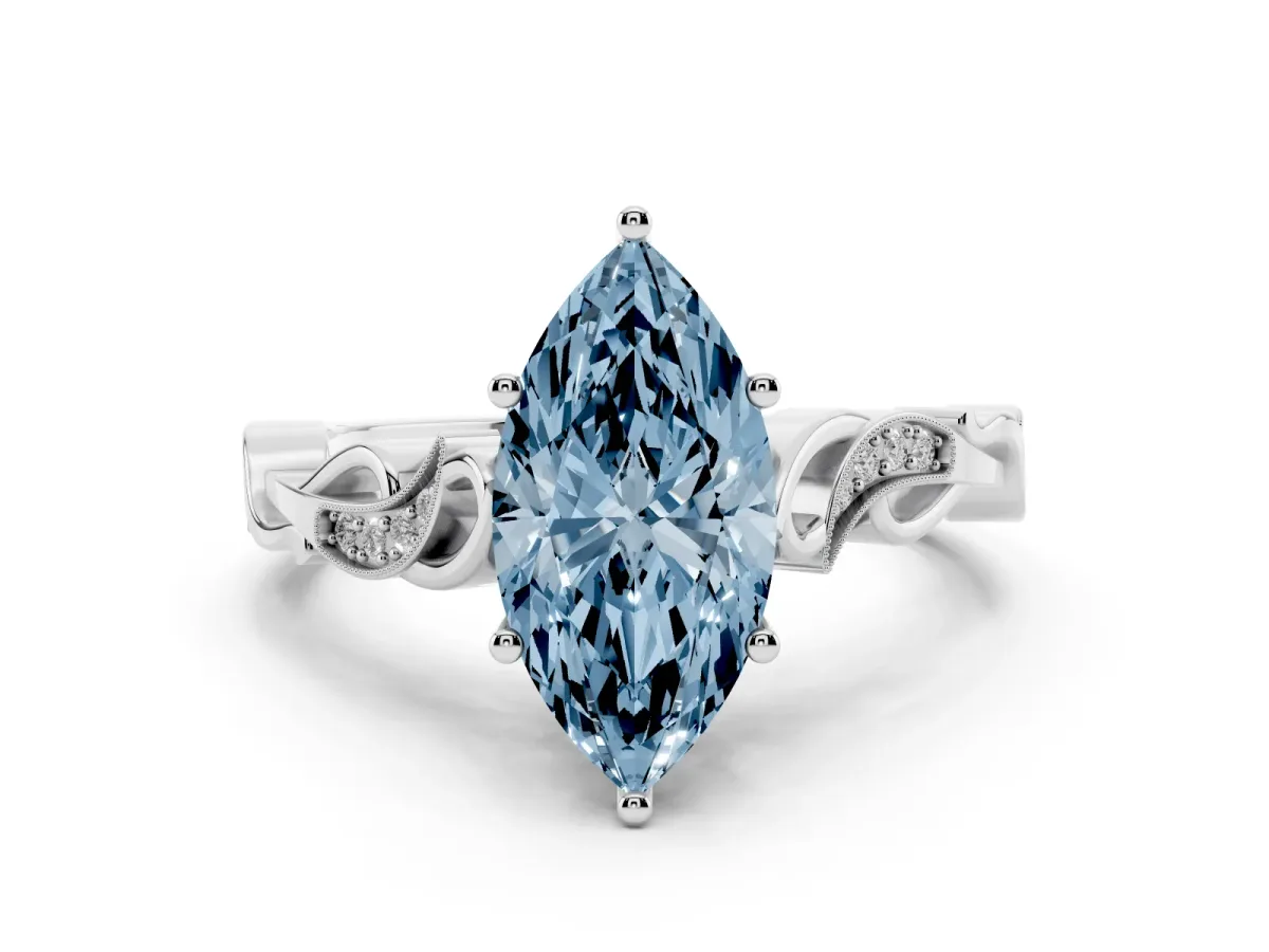 Fancy Blue Marquise Cut Diamond Vine Band Solitaire Ring Set in Platinum with Milgrain Prong Setting