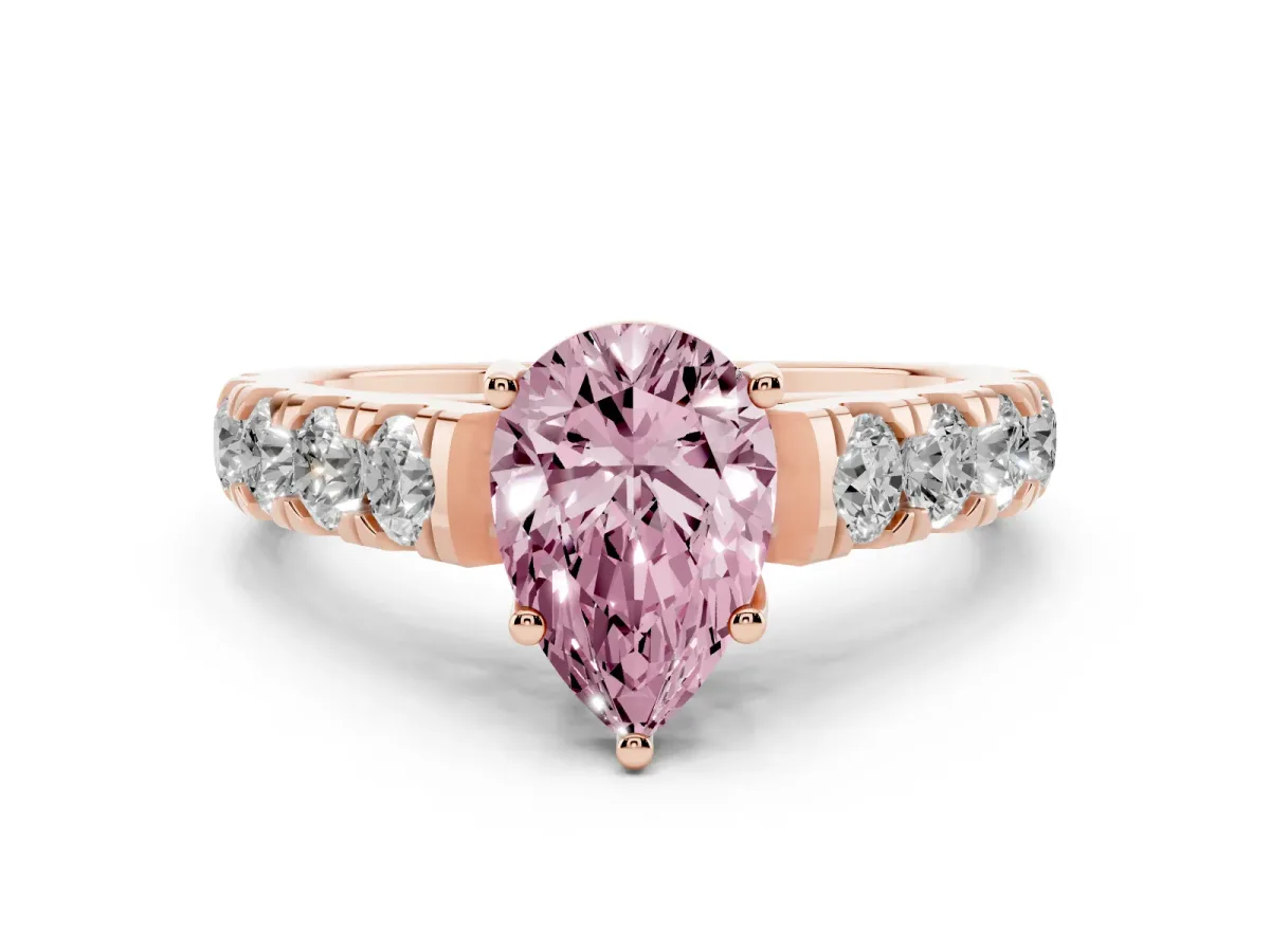 Fancy Pink Pear Cut Diamond Solitaire Ring Set in Rose gold with Cut-Down Micro Pavé Band and Prong Setting