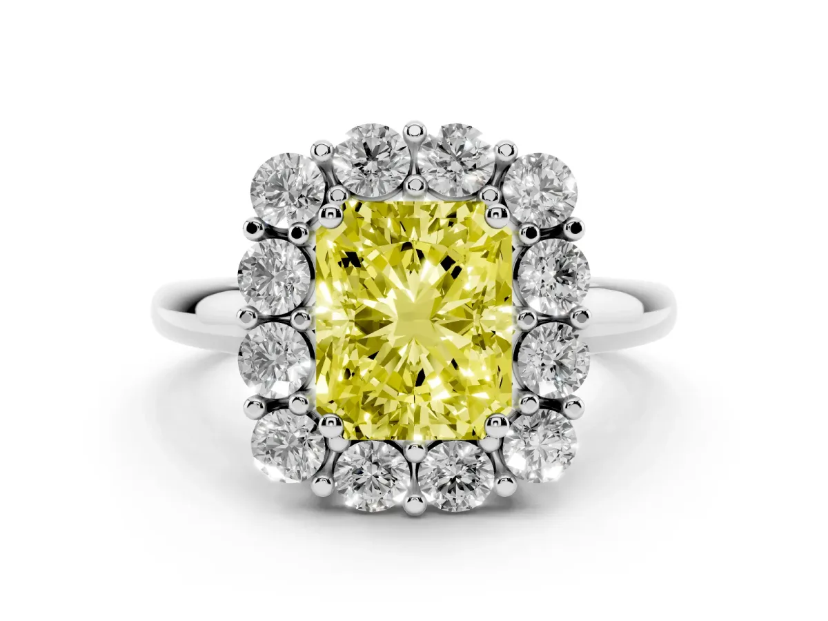 Fancy Yellow Radiant Cut Diamond Halo Cluster Engagement Ring Set in Silver with Polished Band and Prong Setting