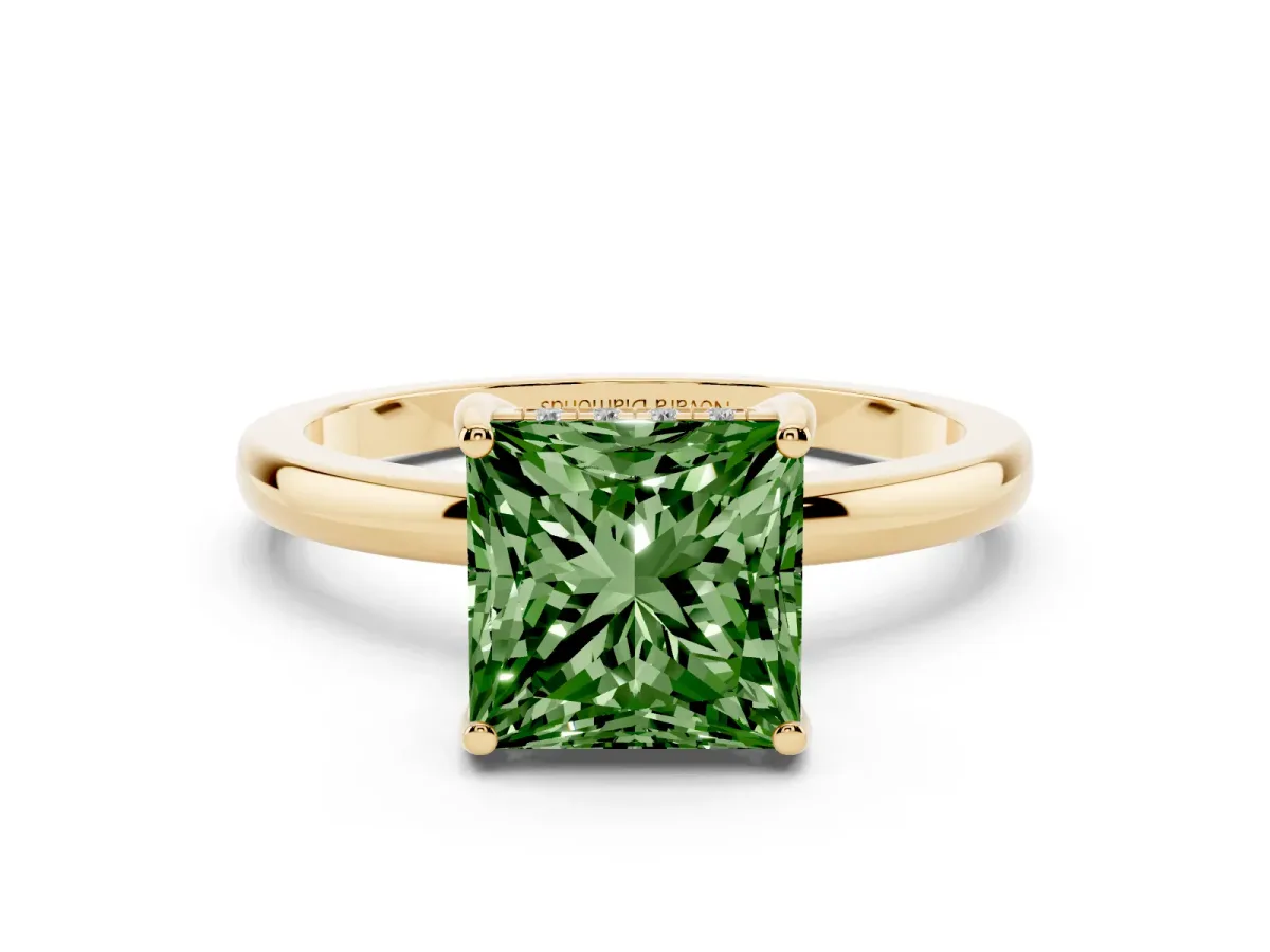 Fancy Green Princess Cut Diamond Solitaire Ring Set in Yellow gold with Plain Band and Prong Setting