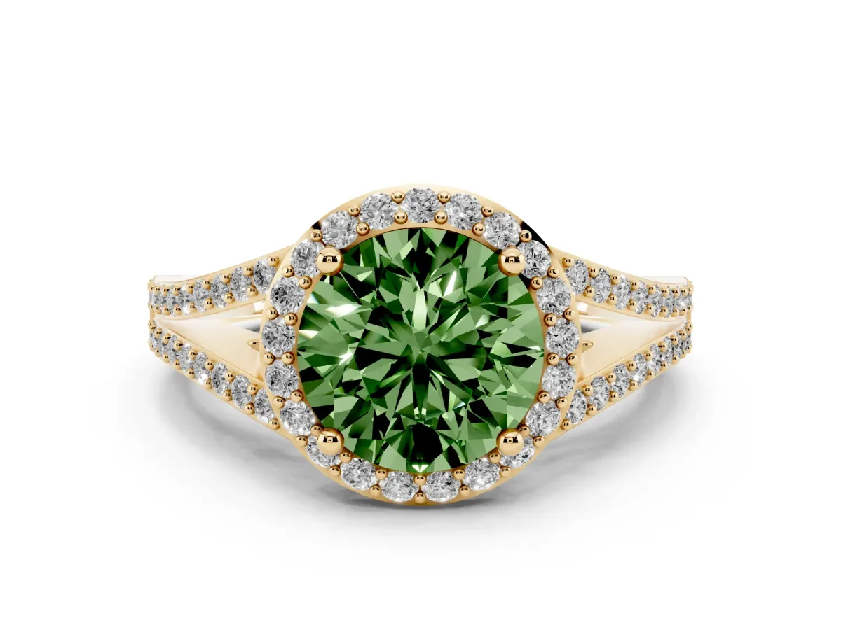 Fancy Green Round Cut Diamond Halo Split Shank Ring Set in Yellow gold with Accent Stones and Prong Setting