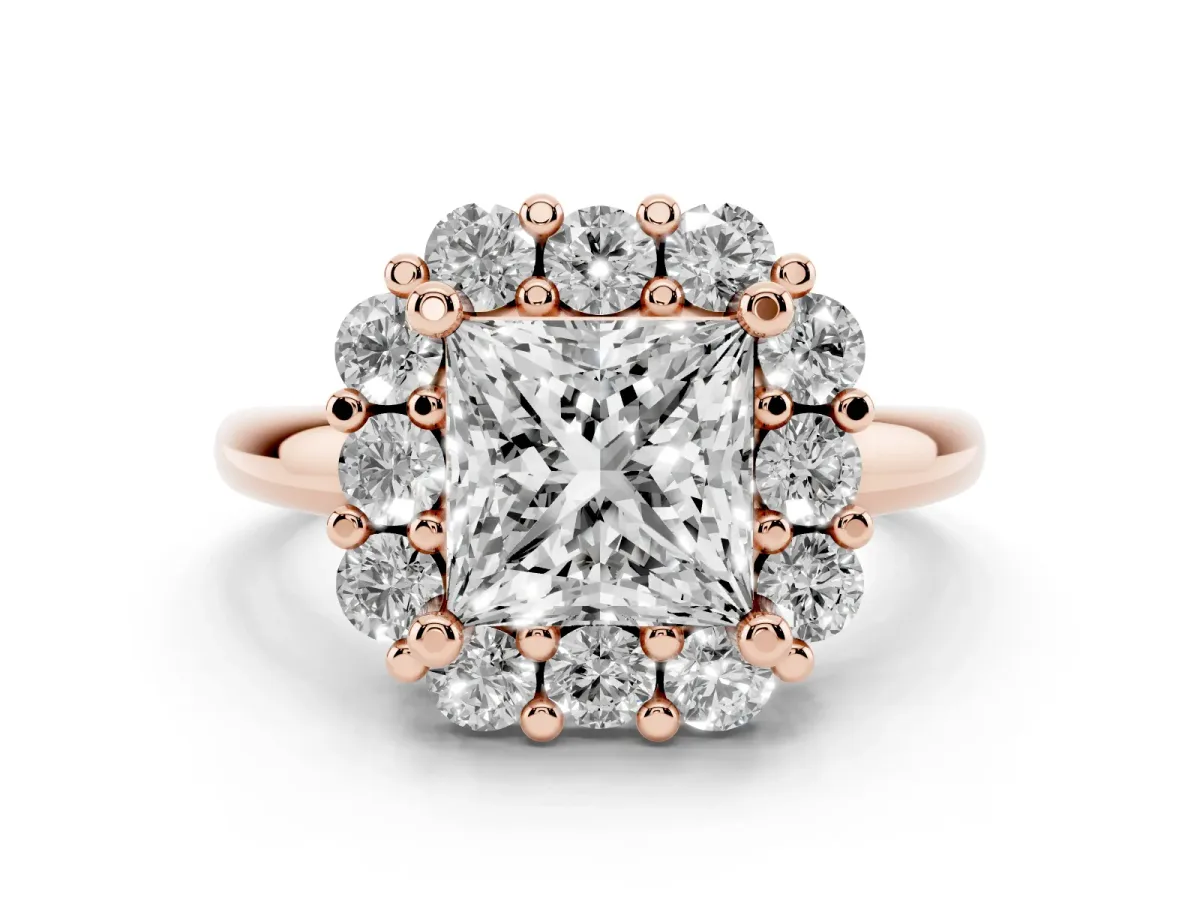 Princess Cut Diamond Halo Cluster Engagement Ring Set in Rose gold with Polished Band and Prong Setting