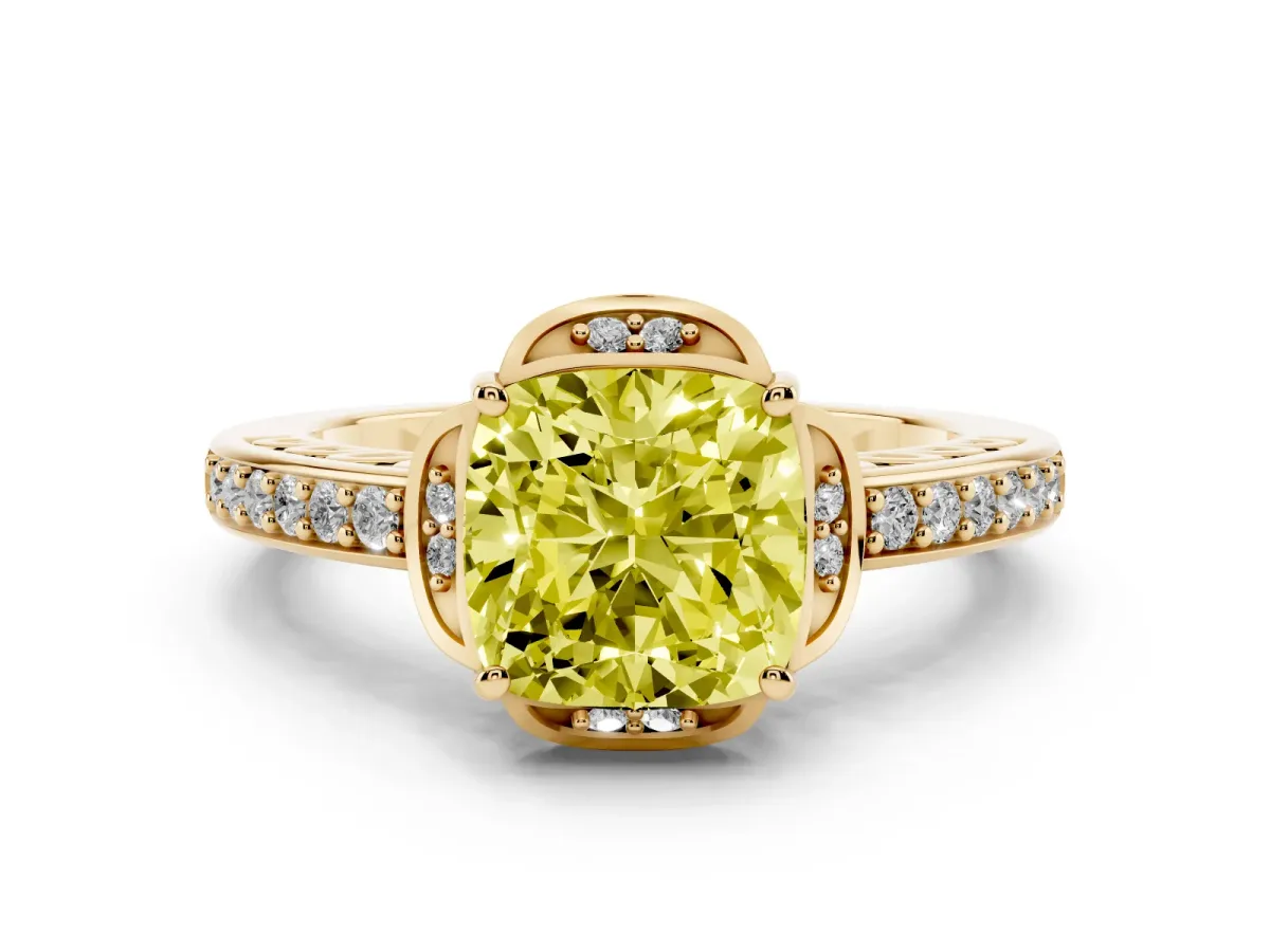Fancy Yellow Cushion Cut Diamond Halo Ring Set in Yellow gold with Channel Set Band and Prong Setting