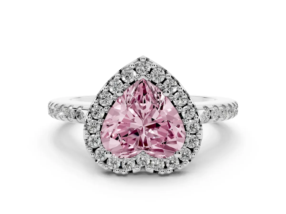 Fancy Pink Heart Cut Diamond Pavé Halo Ring Set in Platinum with Prong Setting