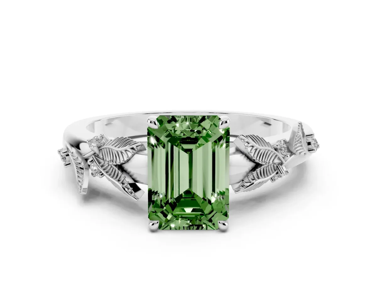 Fancy Green Emerald Cut Diamond Solitaire Ring Set in Silver with Leaf Motif Band