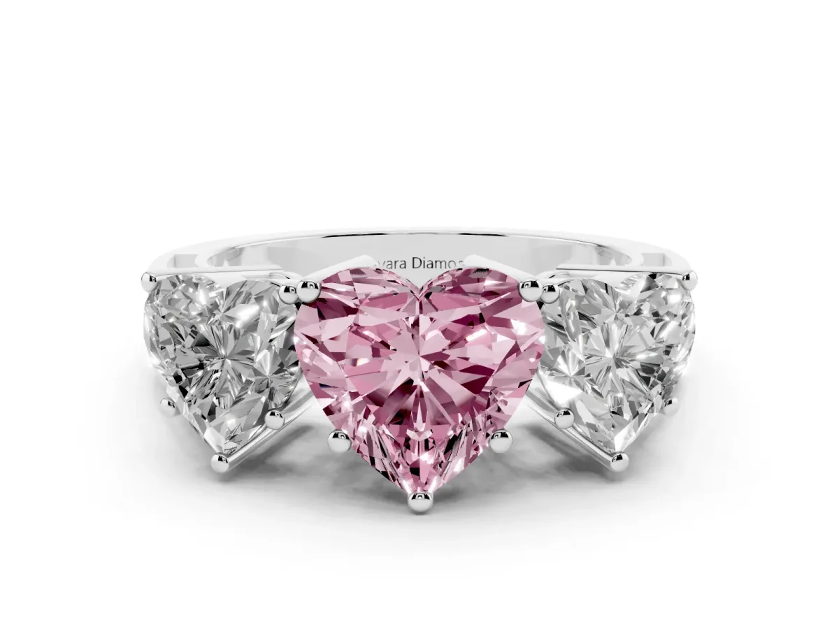 Fancy Pink Heart Cut Diamond Three-Stone Ring Set in White gold with Textured Band
