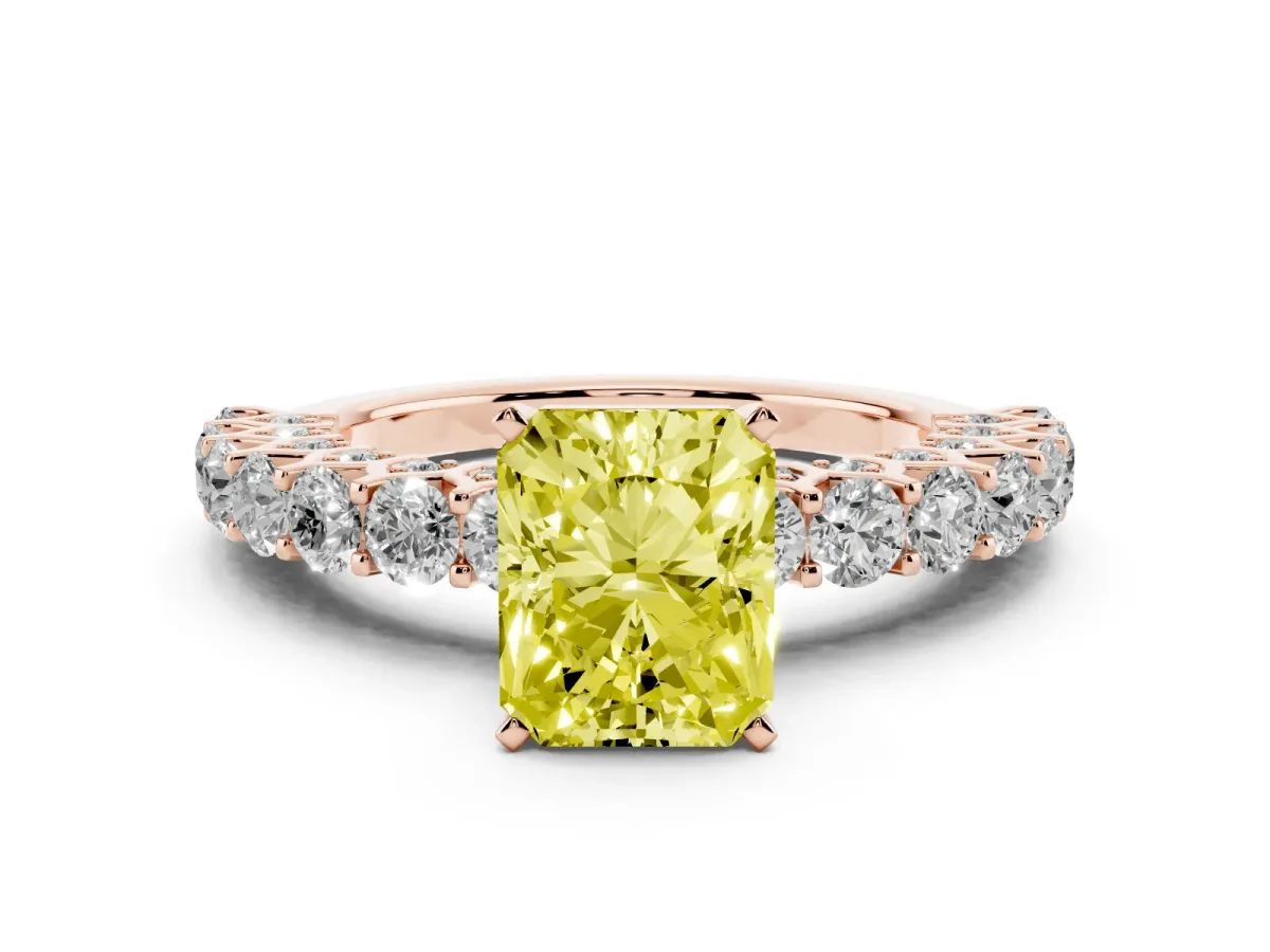 Fancy Yellow Radiant Cut Diamond Solitaire Ring Set in Rose gold with Shared Prong Pavé Band