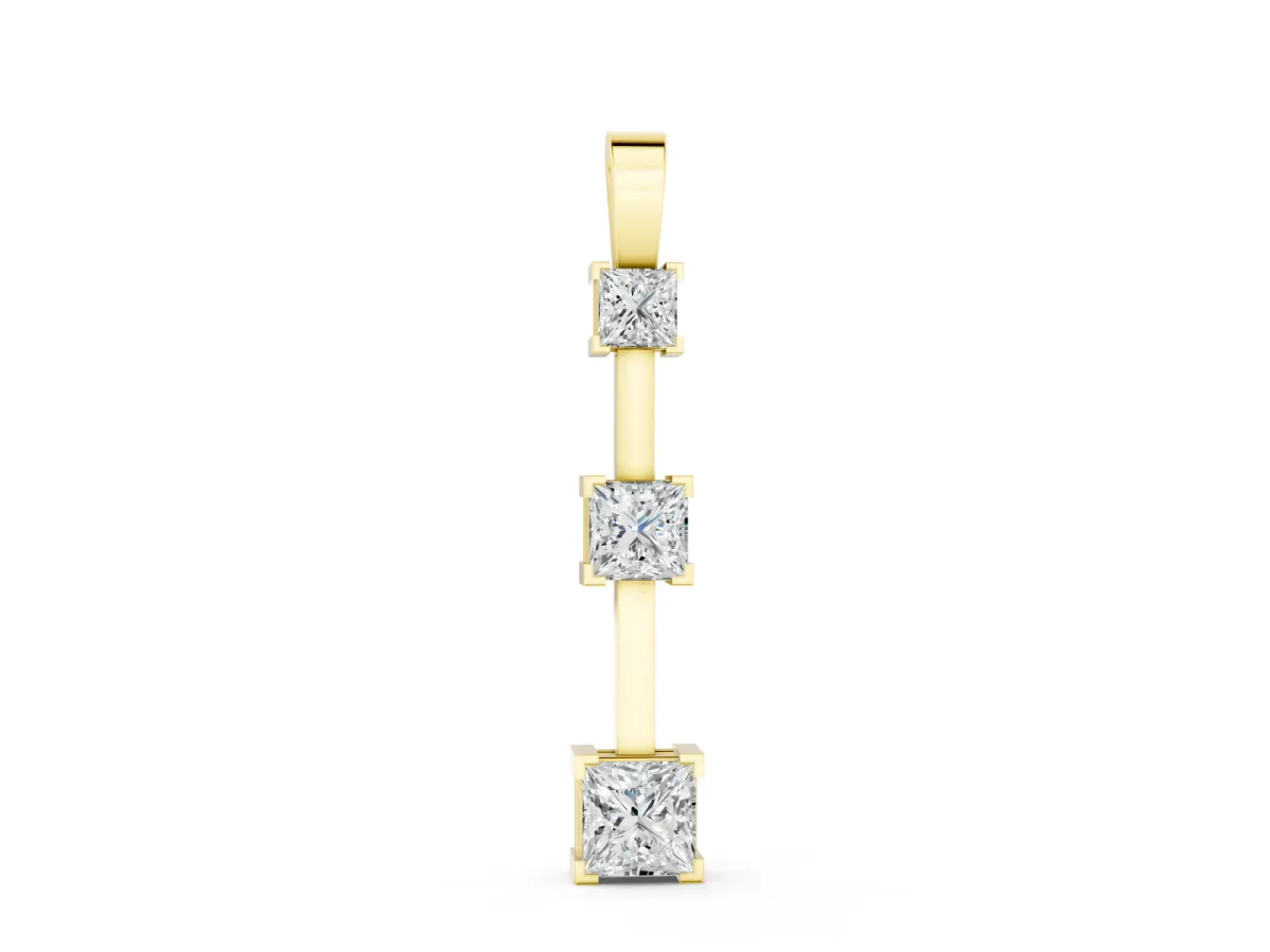 Three-Stone Princess Cut Pendant Set in Yellow gold with Stacked Prong Setting
