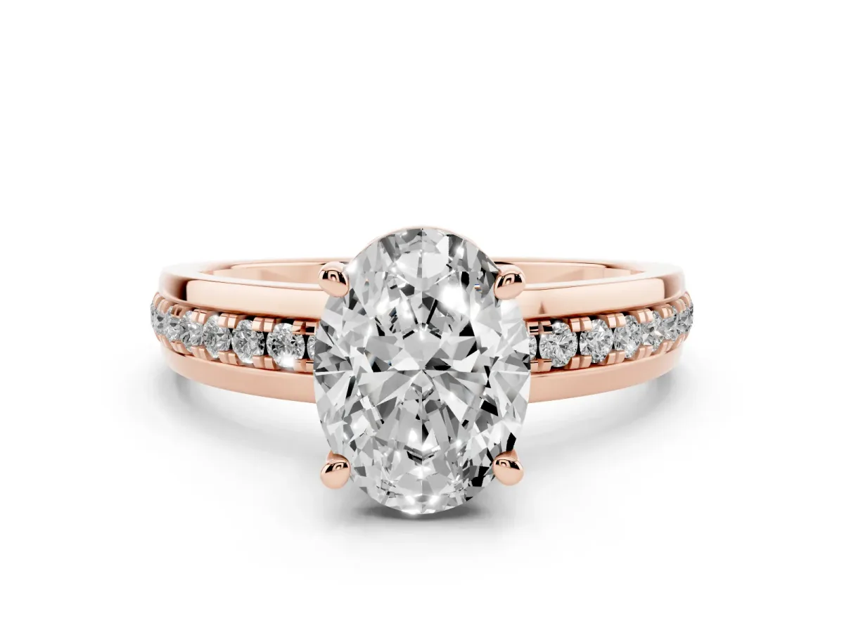 Oval Cut Diamond Solitaire Ring Set in Rose gold with Channel Set Band and Prong Setting