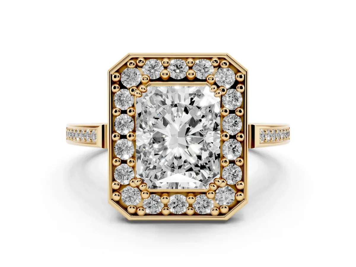Radiant Cut Diamond Halo Ring Set in Yellow gold with Accent-Lined Split Shank and Prong Setting