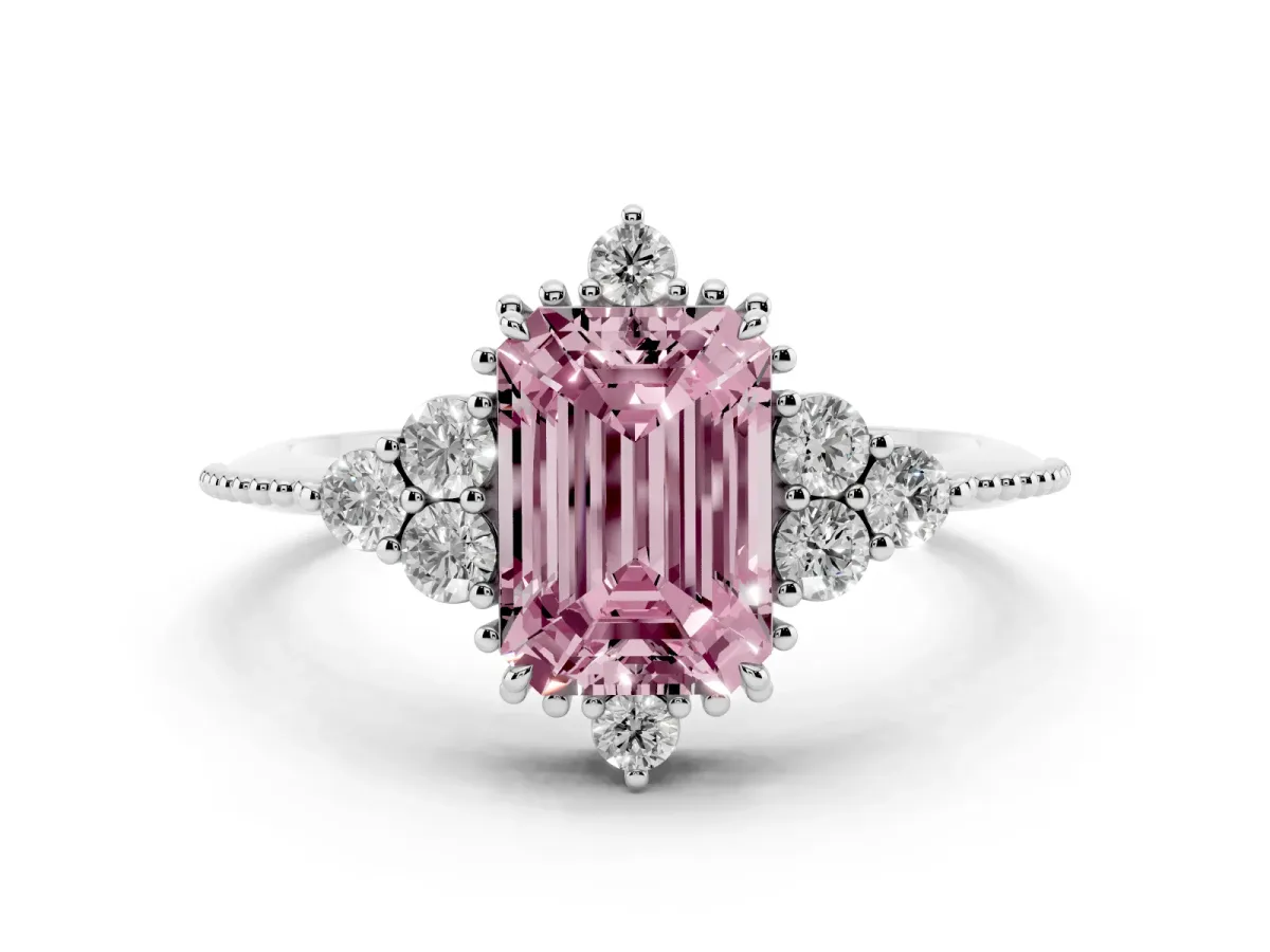 Fancy Pink Emerald Cut Diamond Cluster Ring Set in Silver with Beaded Band