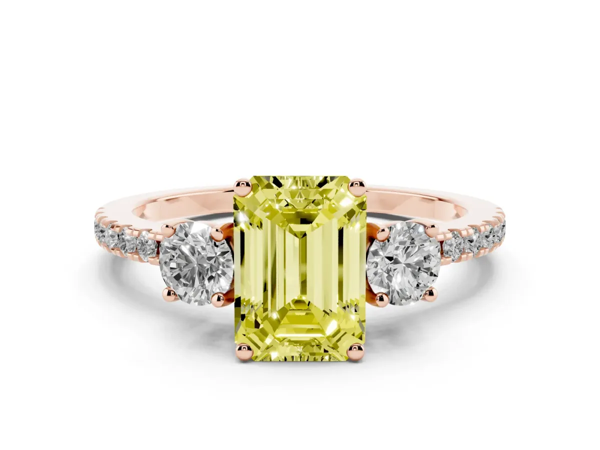Fancy Yellow Emerald Cut Diamond Three-Stone Ring Set in Rose gold with Pavé Band and Graduated Sides