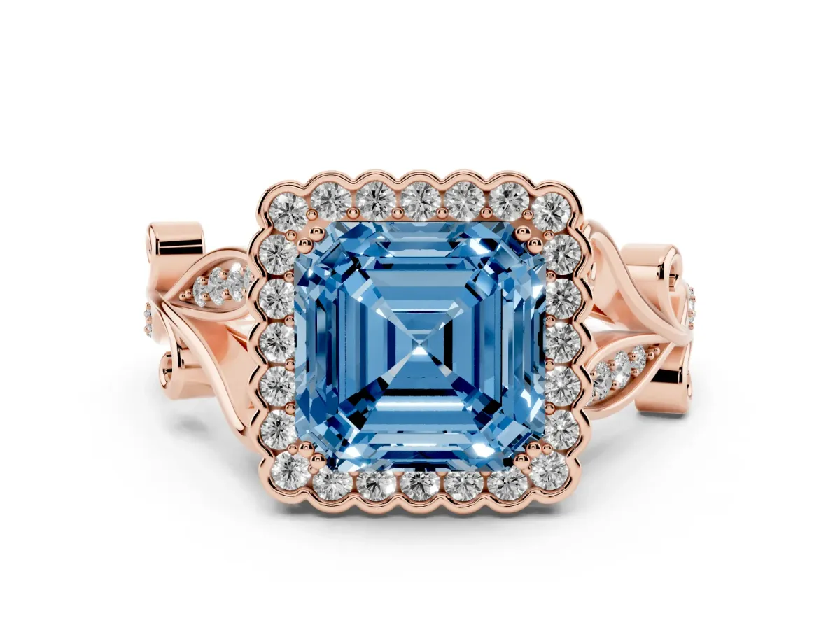 Fancy Blue Asscher Cut Diamond Halo Ring Set in Rose gold with Leaf Motif Split Shank and Prong Setting