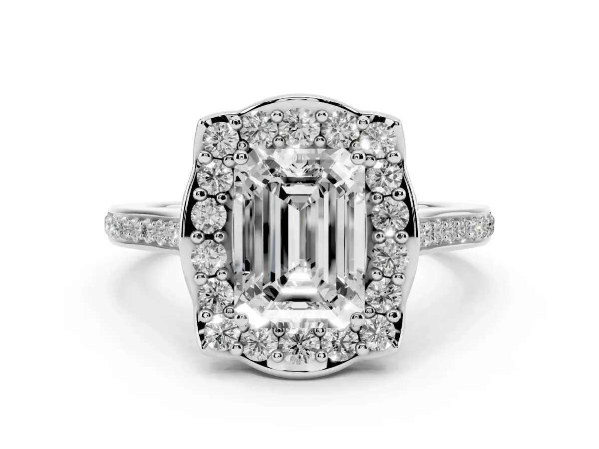 Emerald Cut Diamond Halo Ring Set in Silver with Pavé-Lined Shoulders and Prong Setting