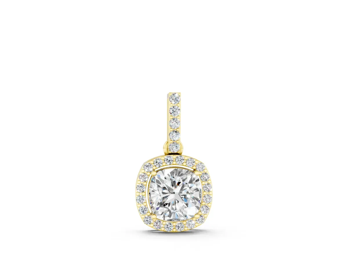 Cushion Diamond Halo Pendant Set in Yellow gold with Prong-Set Center