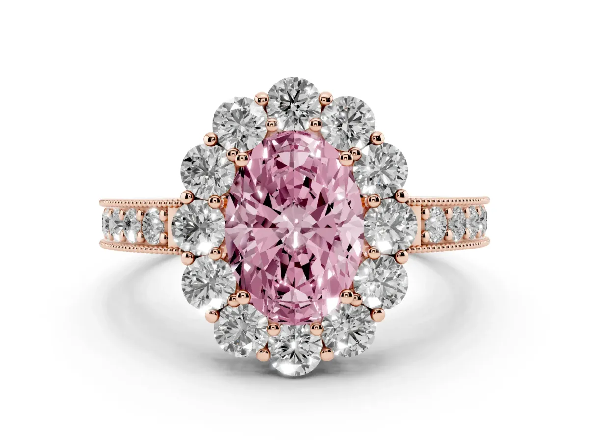 Fancy Pink Oval Cut Diamond Halo Pavé Engagement Ring Set in Rose gold with Milgrain Detailing