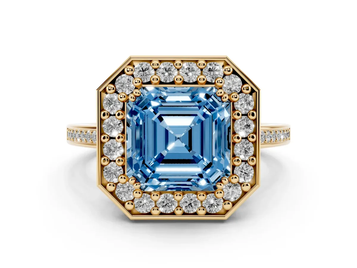 Fancy Blue Asscher Cut Diamond Halo Ring Set in Yellow gold with Accent-Lined Split Shank and Prong Setting