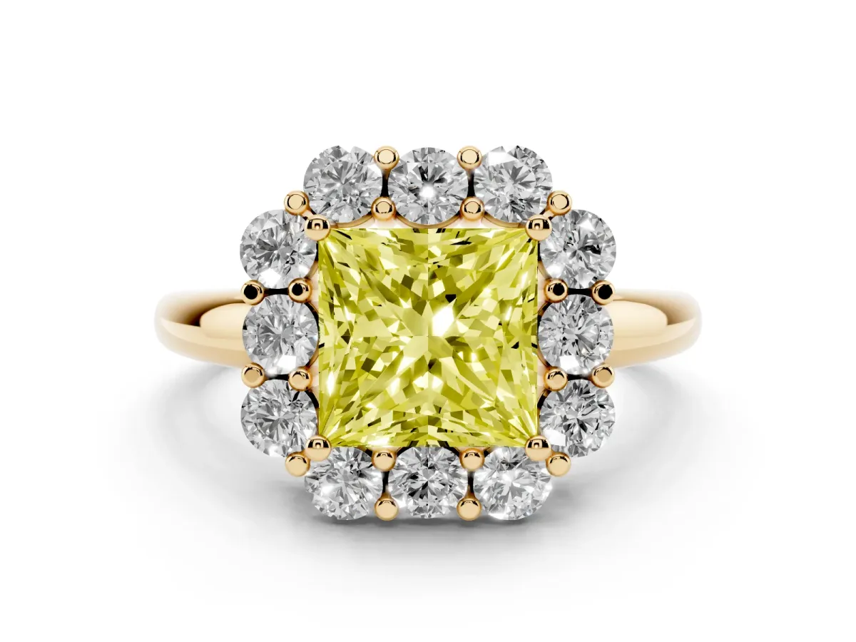 Fancy Yellow Princess Cut Diamond Milgrain Halo Solitaire Ring Set in Yellow gold with Bezel Set Side Stones and Pavé Band