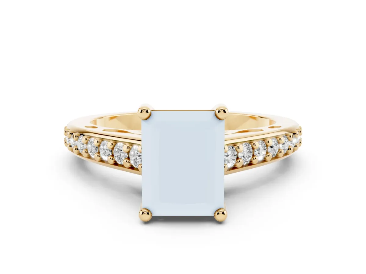 Radiant Cut Diamond Prong Set Solitaire Engagement Ring Set in Yellow gold with Pavé Band
