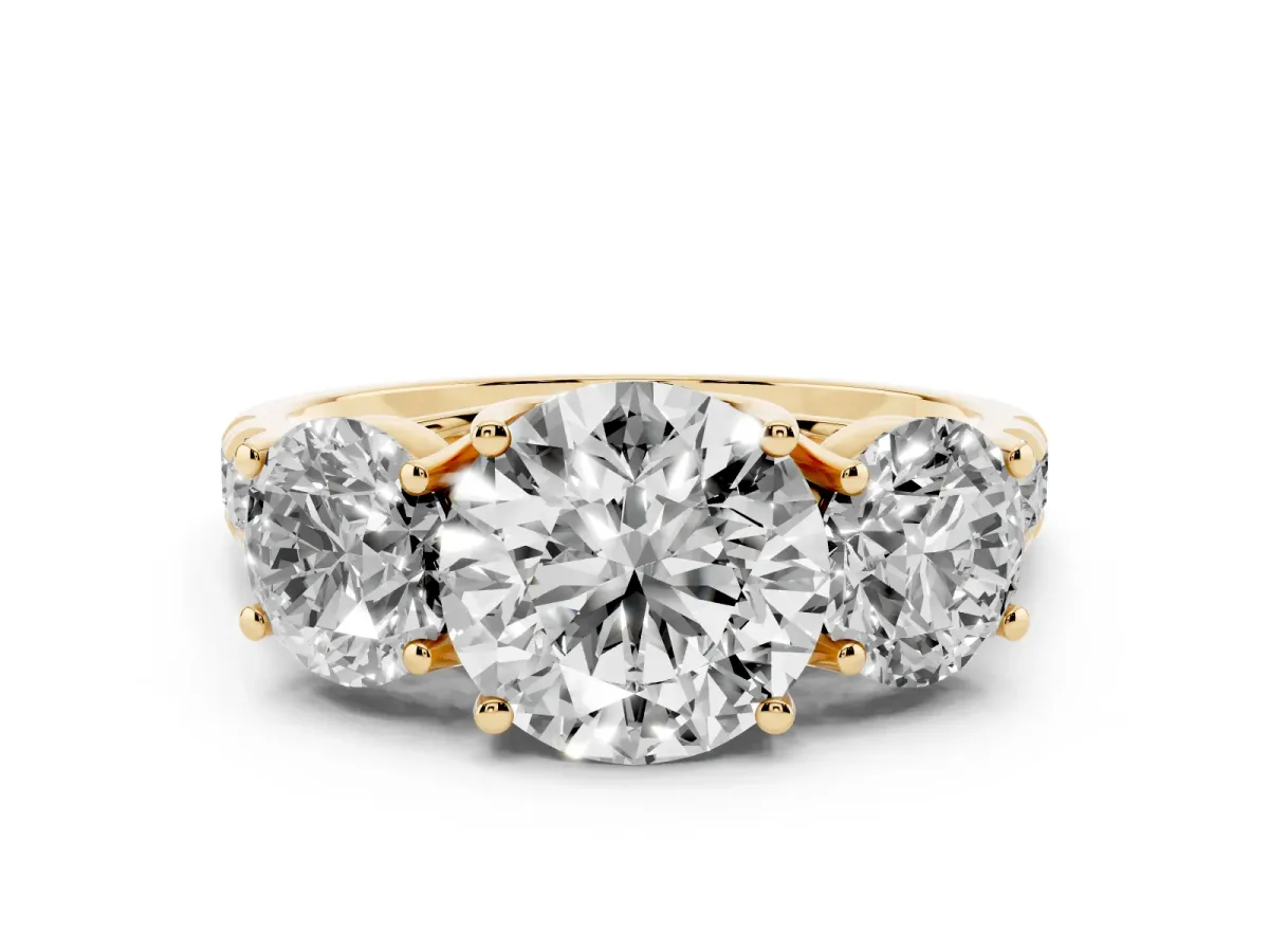 Round Cut Diamond Three-Stone Ring Set in Yellow gold with Pavé Band