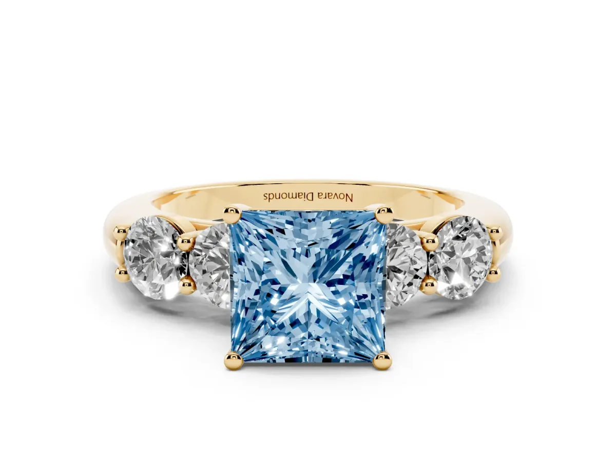 Fancy Blue Princess Cut Diamond Five-Stone Prong Set Ring Set in Yellow gold with Classic Band