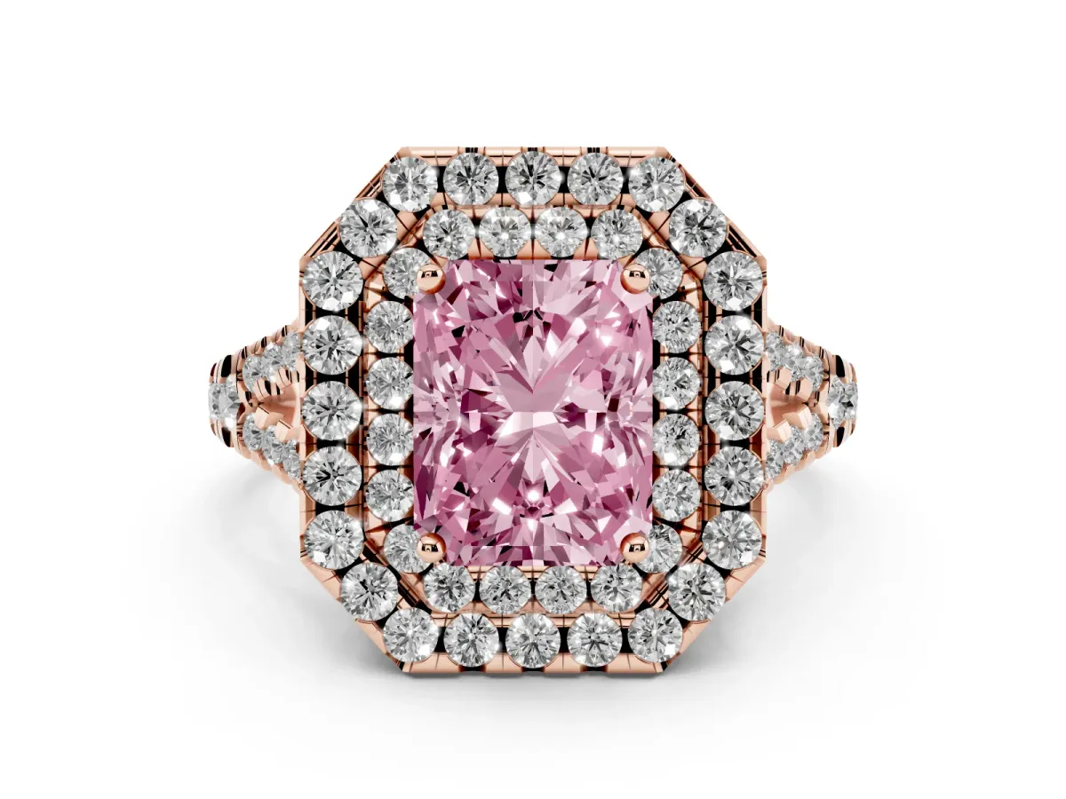 Fancy Pink Radiant Cut Diamond Double Halo Ring Set in Rose gold with Pavé Split Shank and Prong Setting