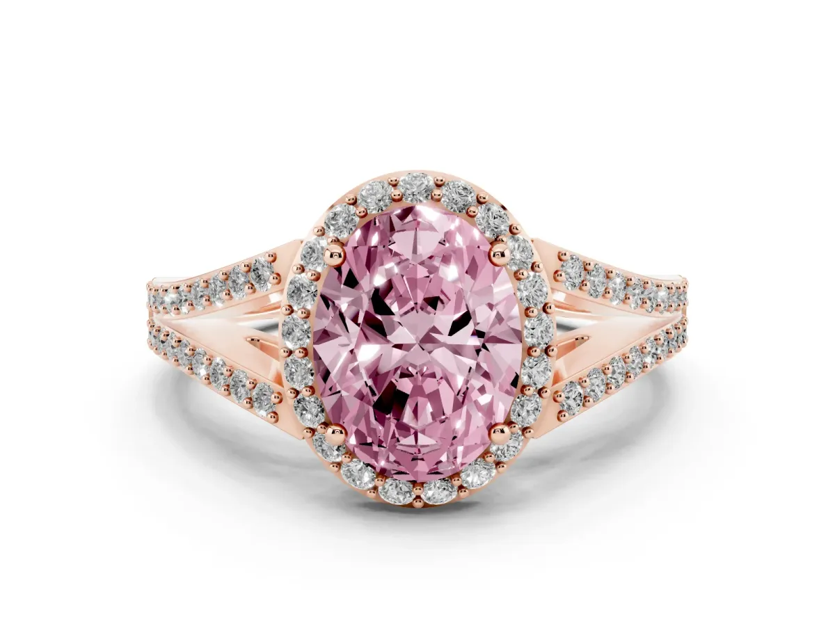 Fancy Pink Oval Cut Diamond Halo Split Shank Pavé Ring Set in Rose gold with Prong Setting