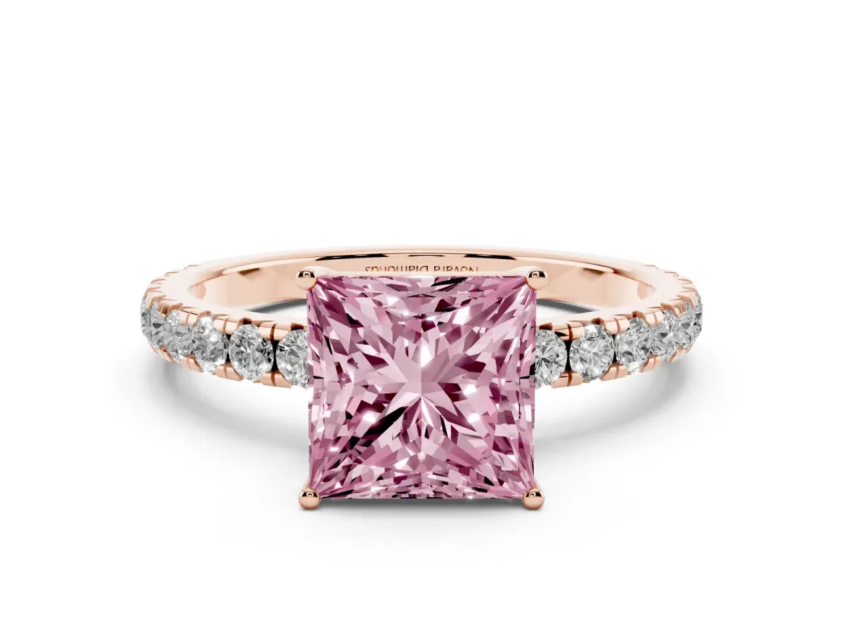 Fancy Pink Princess Cut Diamond Pavé Solitaire Engagement Ring Set in Rose gold with Prong Setting