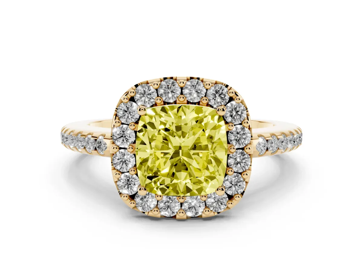 Fancy Yellow Cushion Cut Diamond Pavé Halo Ring Set in Yellow gold with Prong Setting