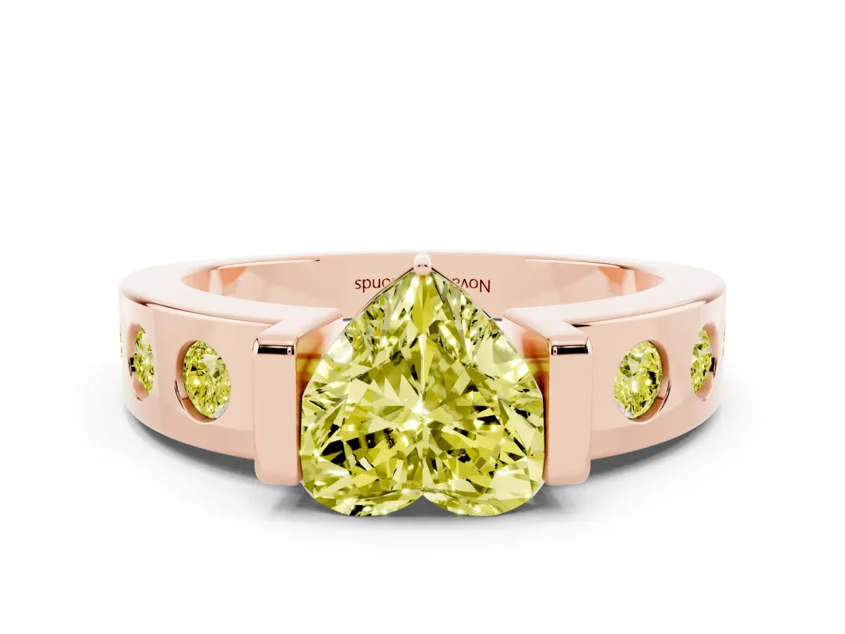 Fancy Yellow Heart Cut Diamond Channel-Set Band Ring Set in Rose gold with Bezel Prong Setting