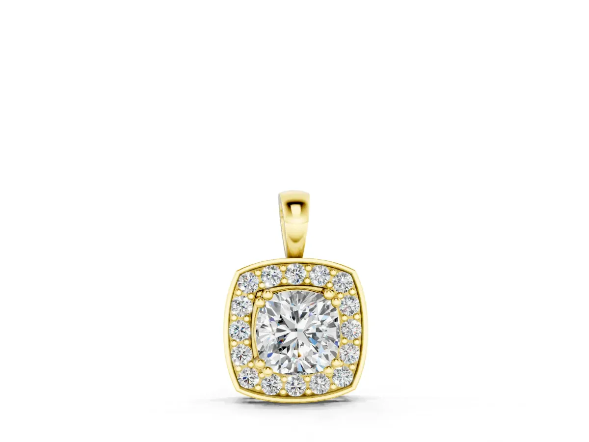 Round Diamond Cushion Halo Pendant Set in Yellow gold with Four-Prong Center