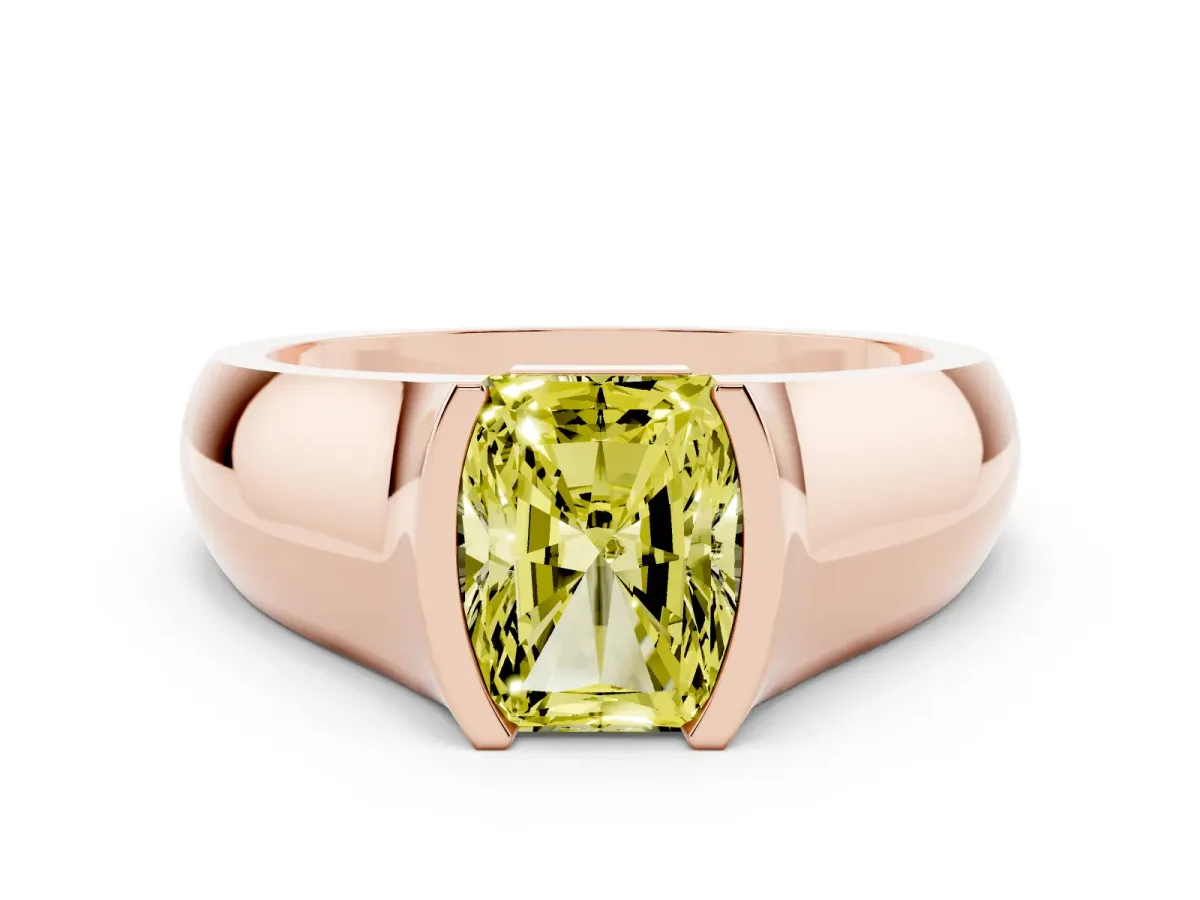 Fancy Yellow Radiant Cut Diamond Bezel Solitaire Ring Set in Rose gold with Wide Band