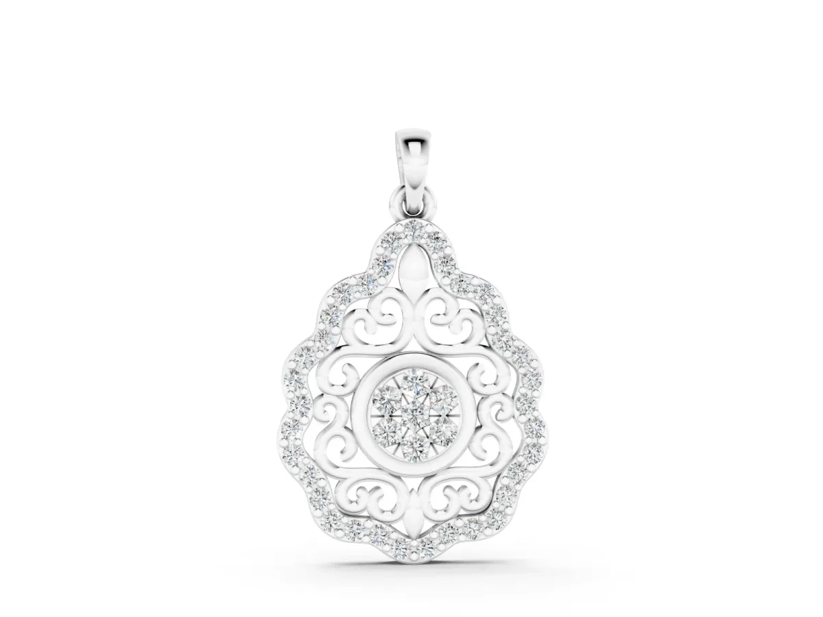 Round Diamond Halo Pendant Set in White gold with Filigree Frame