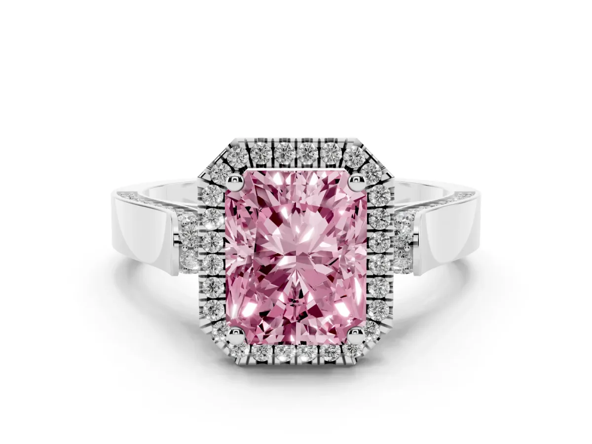 Fancy Pink Radiant Cut Diamond Halo Ring Set in White gold with Pavé-Lined Split Shank Band