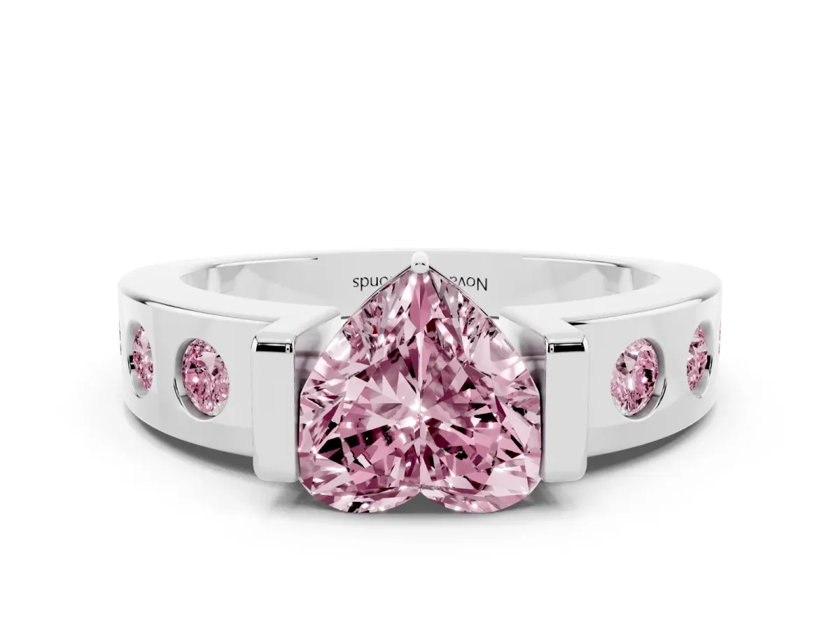 Fancy Pink Heart Cut Diamond Channel-Set Band Ring Set in Platinum with Bezel Prong Setting