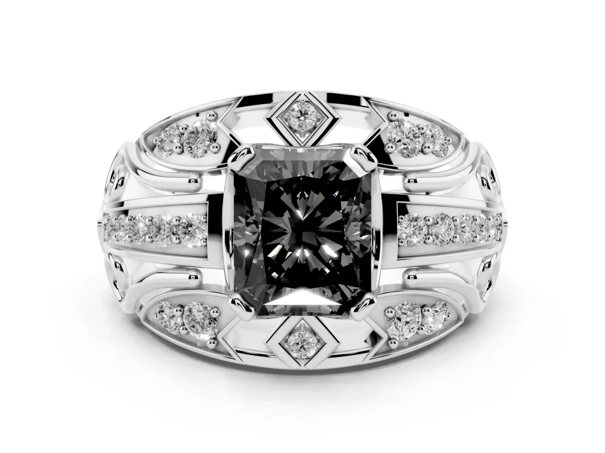 Fancy Black Radiant Cut Diamond Art Deco Ring Set in Silver with Pavé Split Shank