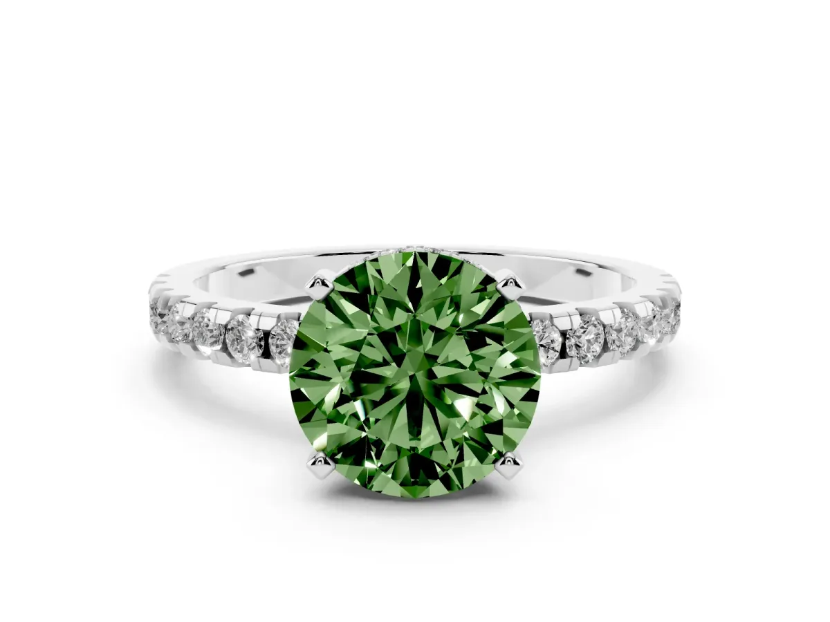 Fancy Green Round Cut Diamond Pavé Solitaire Ring Set in Silver with Round Band Accents and Prong Setting