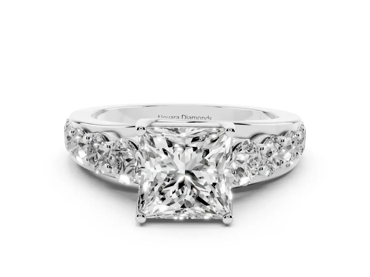 Princess Cut Diamond Pavé Engagement Ring Set in Silver with Prong Setting