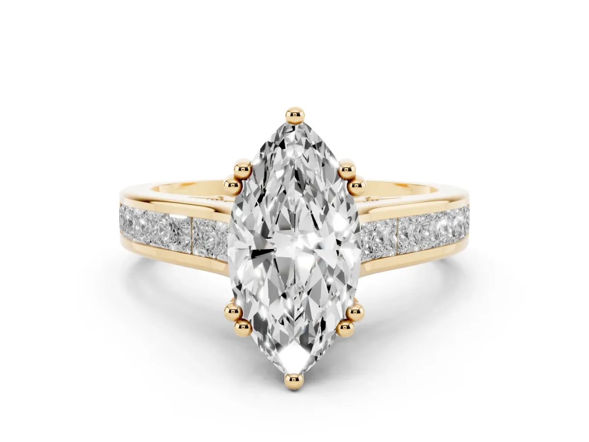 Marquise Cut Diamond Channel Set Solitaire Engagement Ring Set in Yellow gold with Prong Setting