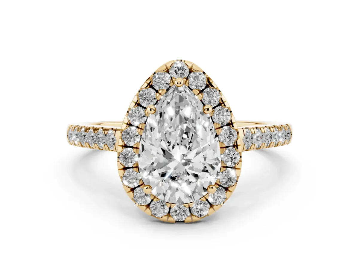 Pear Cut Diamond Halo Pavé Engagement Ring Set in Yellow gold with Prong Setting