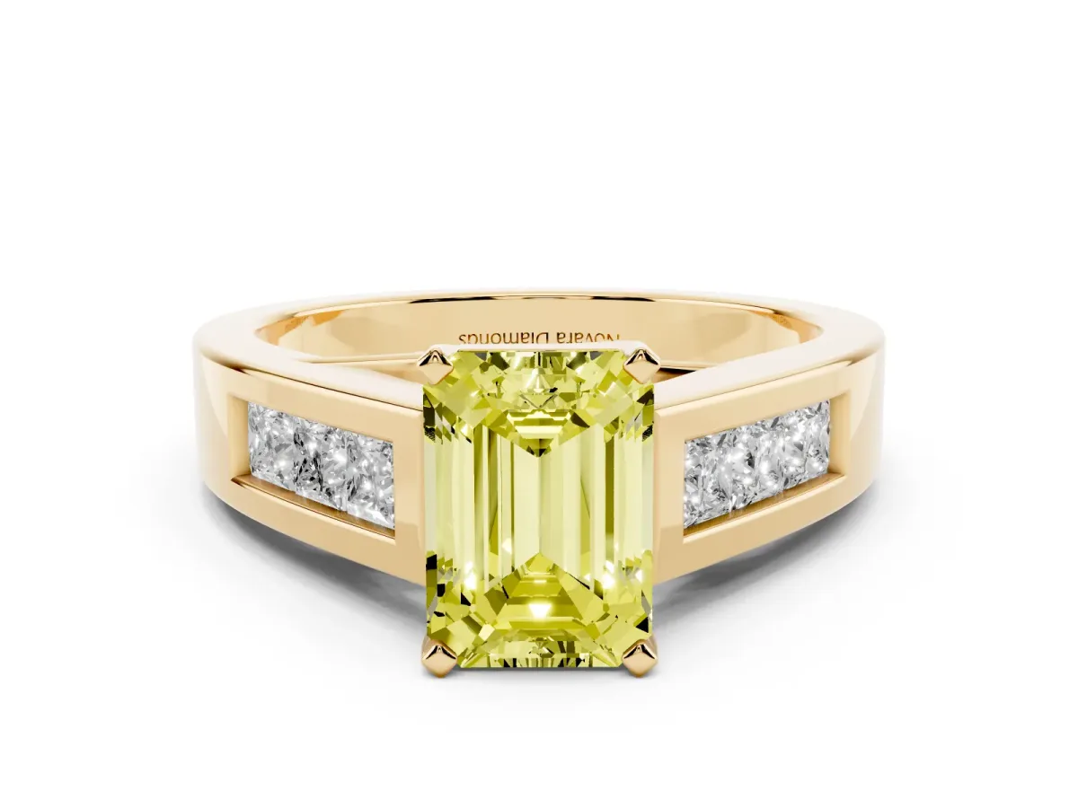 Fancy Yellow Emerald Cut Diamond Solitaire Ring Set in Yellow gold with Channel-Set Accent Stones and Prong Setting