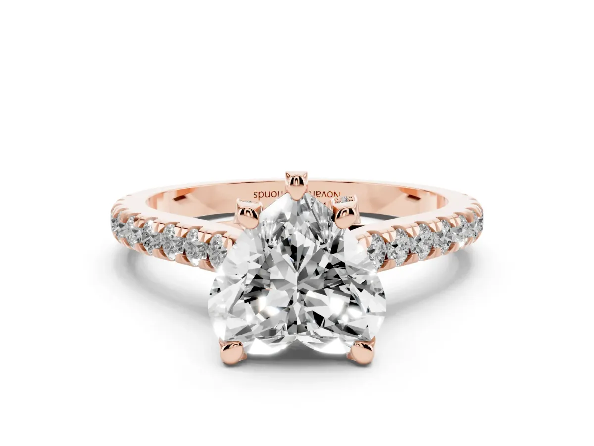 Heart Cut Diamond Solitaire Ring Set in Rose gold with Brilliant Pavé Band and Prong Setting