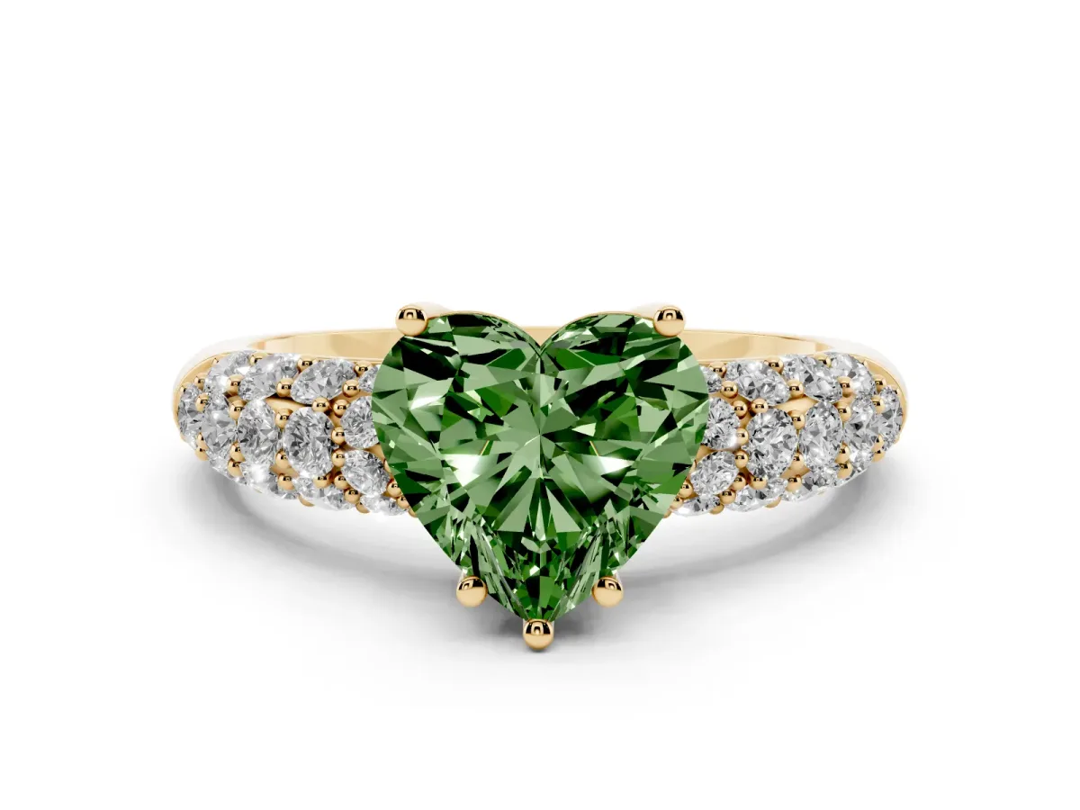 Fancy Green Heart Cut Diamond Pavé Band Solitaire Ring Set in Yellow gold with Close-Set Accent Stones and Prong Setting