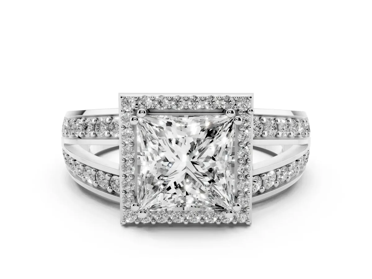 Princess Cut Diamond Halo Ring Set in Platinum with Double Pavé Split Shank