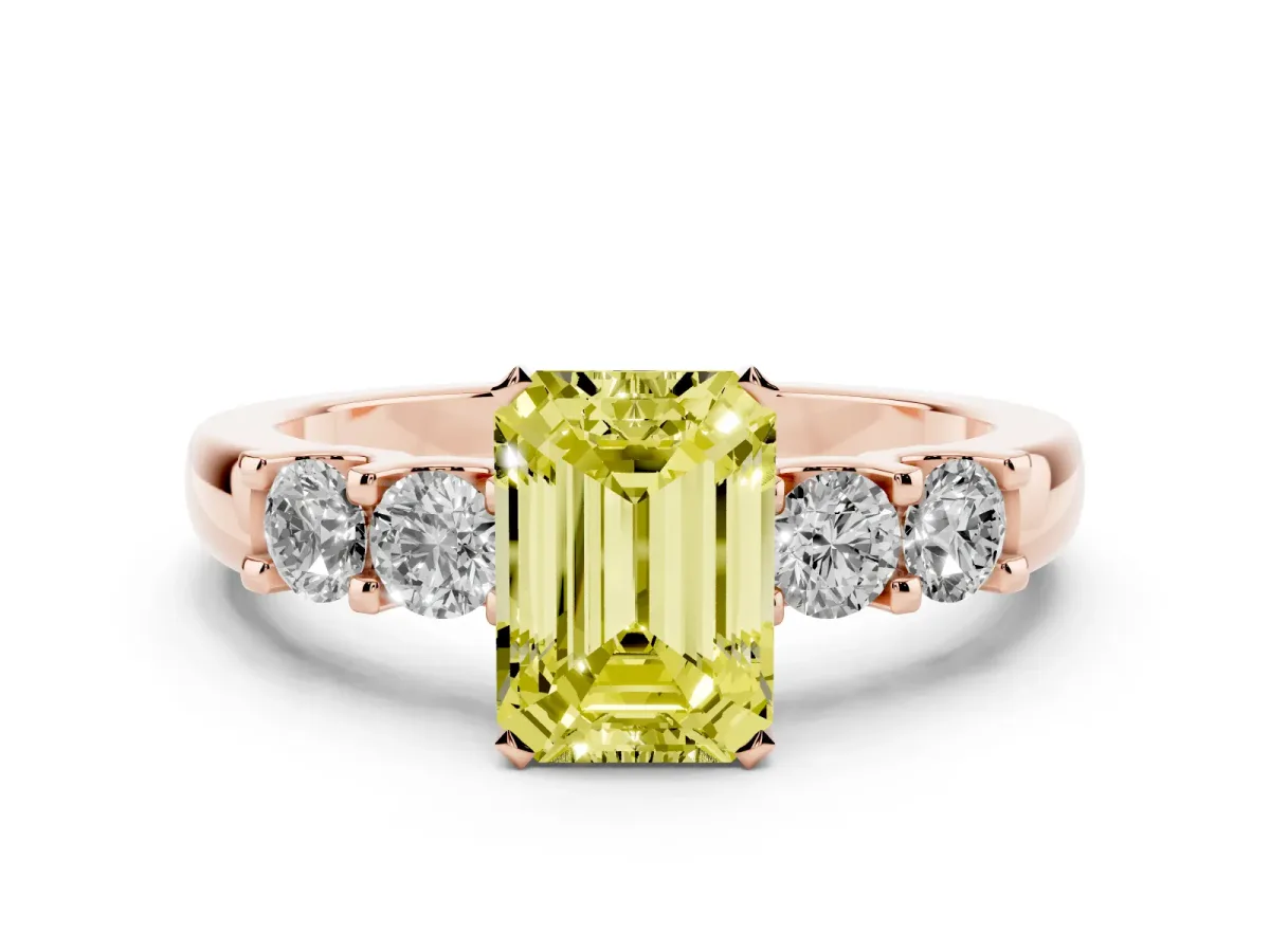 Fancy Yellow Emerald Cut Diamond Five-Stone Prong Set Engagement Ring Set in Rose gold with Channel Band